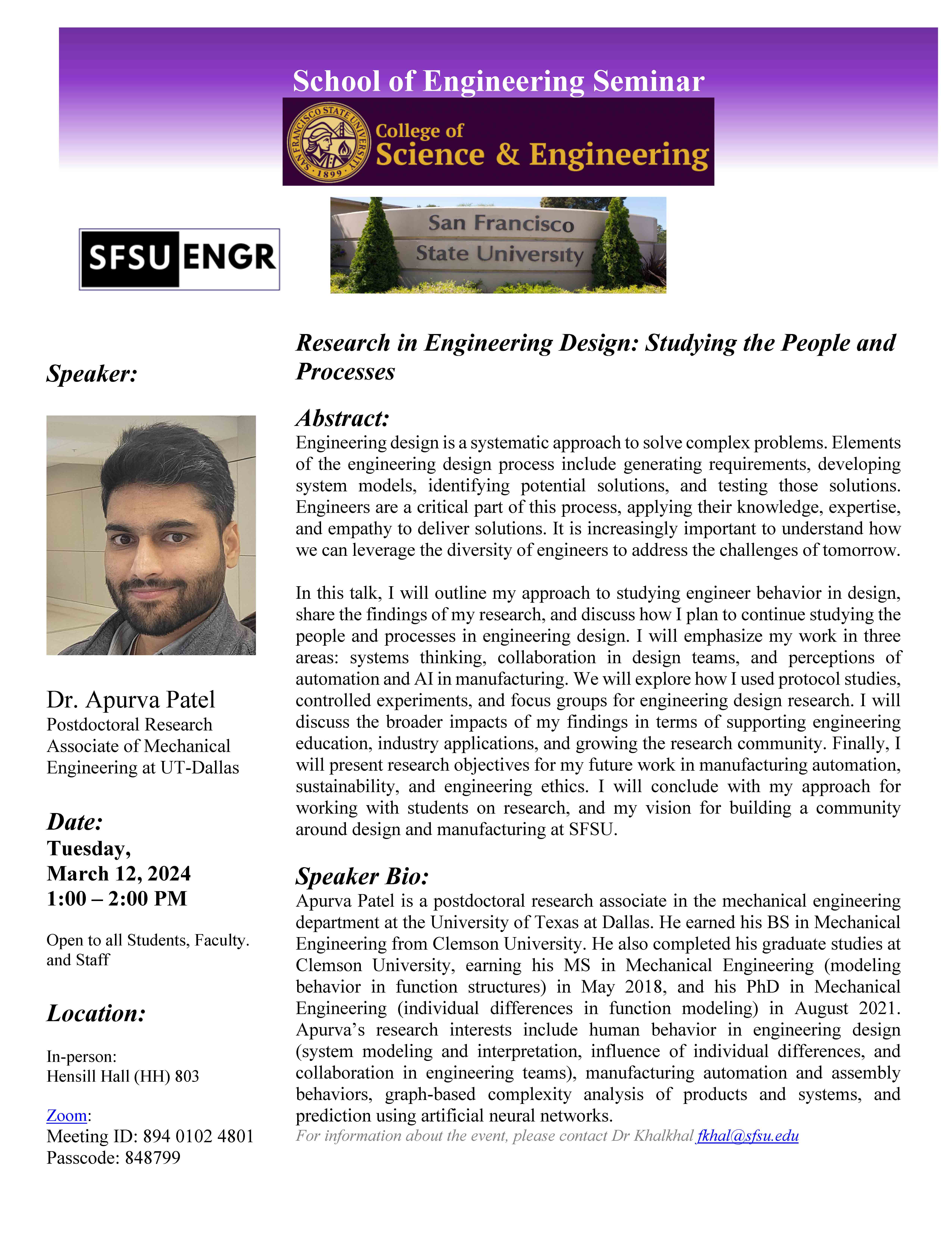 SFSU ENGR Mechanical Engineering Seminar Apurva Patel Spring 2024