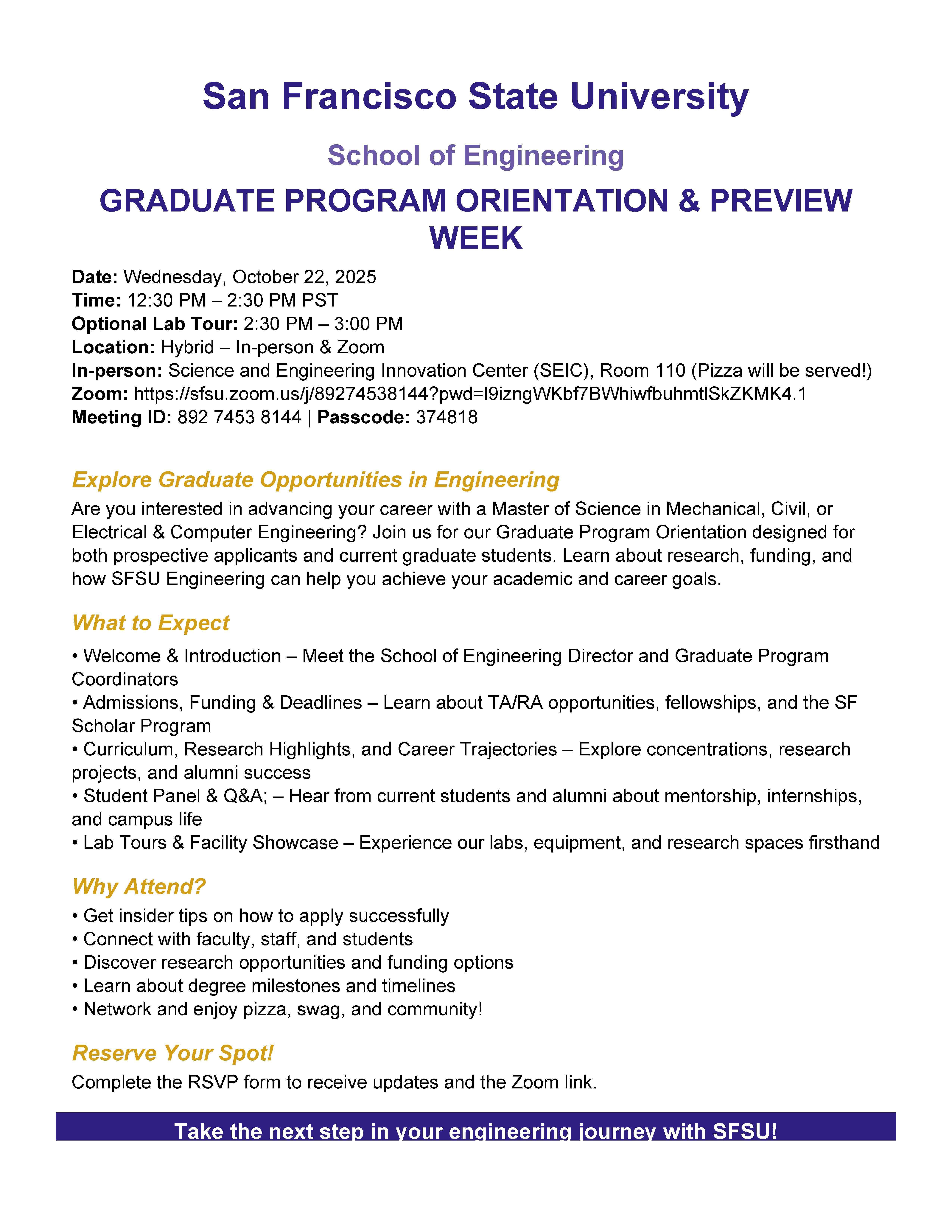 San Francisco State University School of Engineering Graduate Preview Flyer Fall 2025