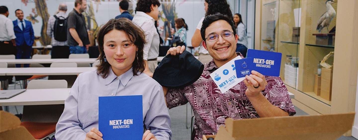 Two engineering students show off their swag in SFSU's School of Engineering and Apple mentorship event